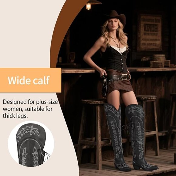 Thigh High Cowboy Boots with Lace Up Wide Calf Over The Knee Cowgirl Boot - Picture 5 of 7